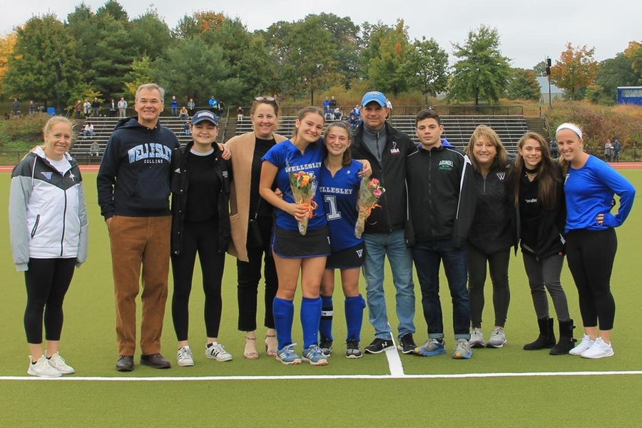 Wellesley recognized seniors Clare Doyle and Hannah Maisano prior to Saturday's 4-3 OT win (Cassidy Murray).