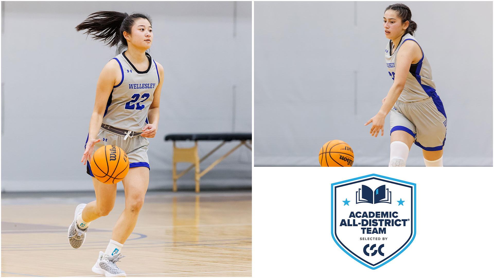 Jiyun Chae '24 and Yitzel Serna '26 of Wellesley basketball have been named to the CSC Academic All-District Team (Frank Poulin)