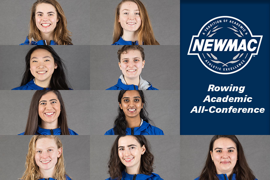 headshots of the nine award winners text: NEWMAC rowing academic all-conference