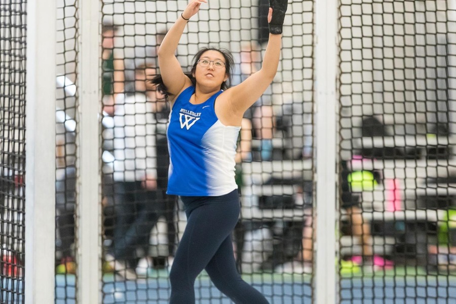 Weight throw athlete after a throw attempt