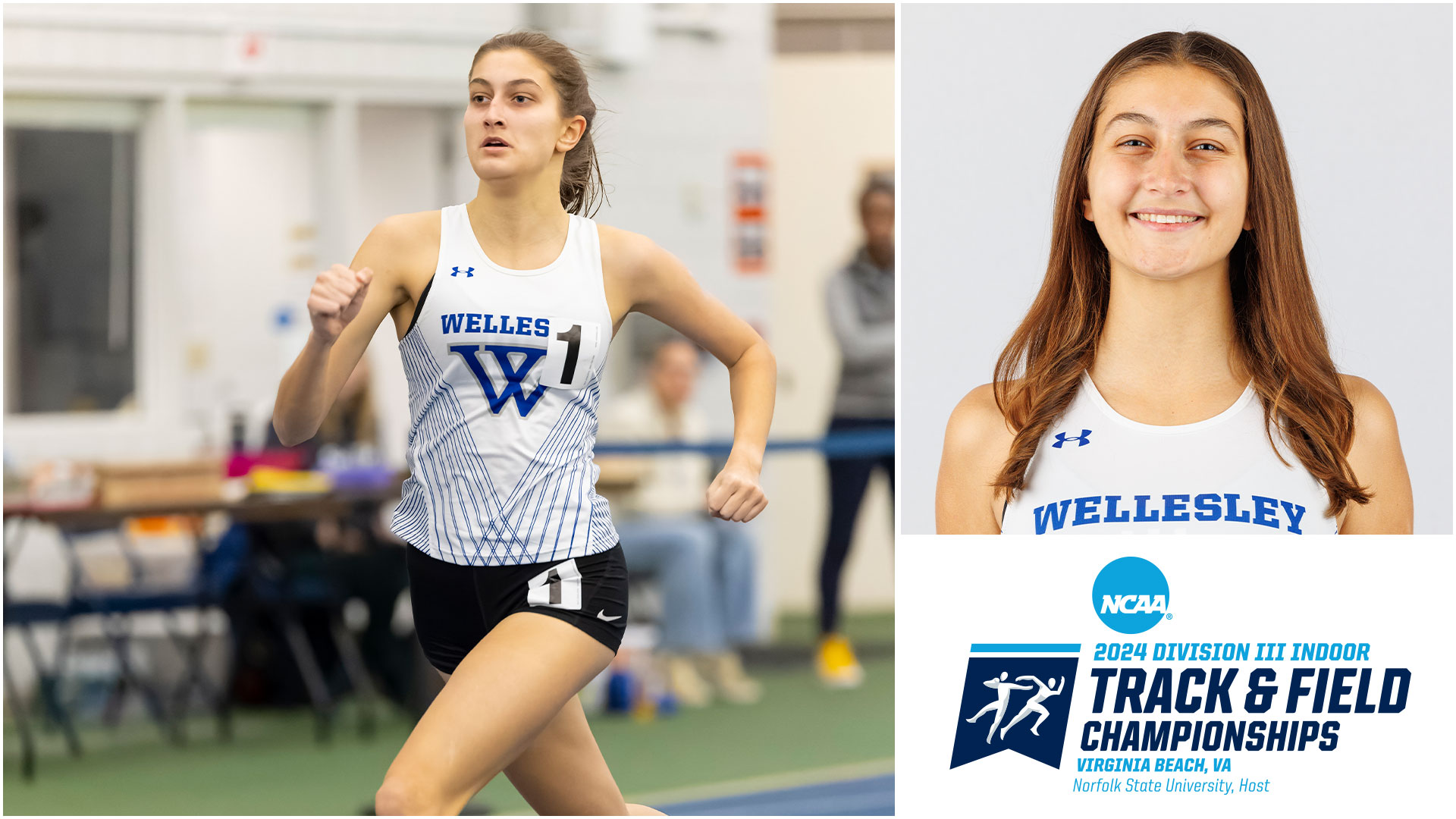 Ella Whinney '26 will represent Wellesley track & field at the 2024 NCAA Division III Track & Field Indoor Championships (Frank Poulin)