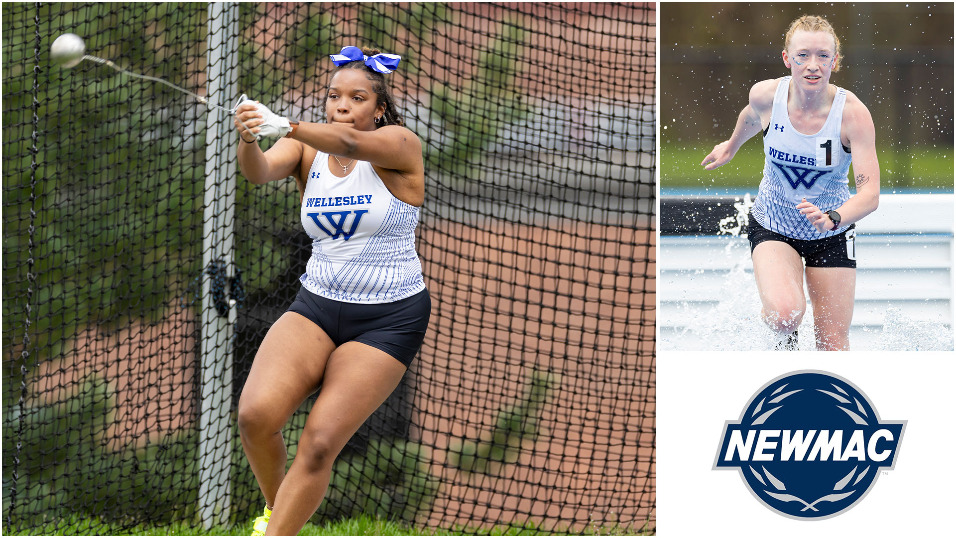 Kenya Francis '26, Simone Beauchamp '26 and Wellesley track &amp; field race at the NEWMAC Championships April 26-27 (Frank Poulin)