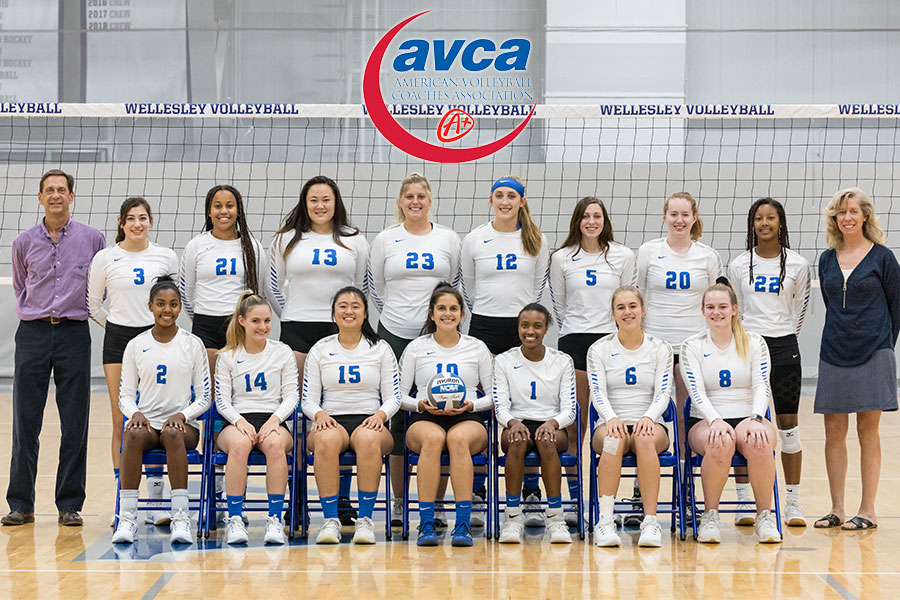 Wellesley Volleyball team photo with AVCA logo