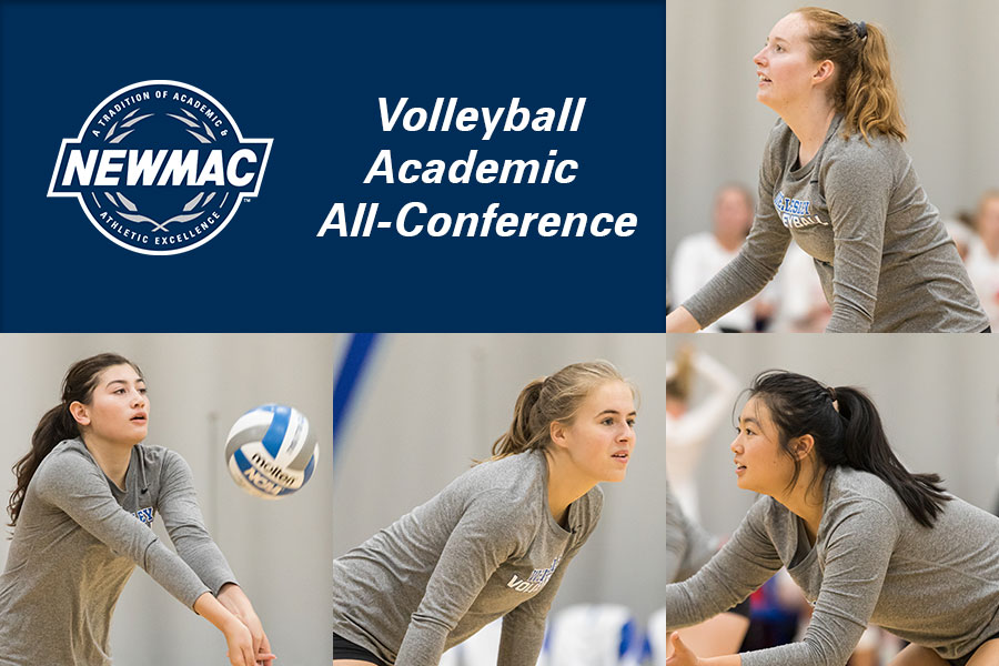 Senior Meghan Shoop (top right) earned her third straight selection to the NEWMAC Academic All-Conference team (Frank Poulin).