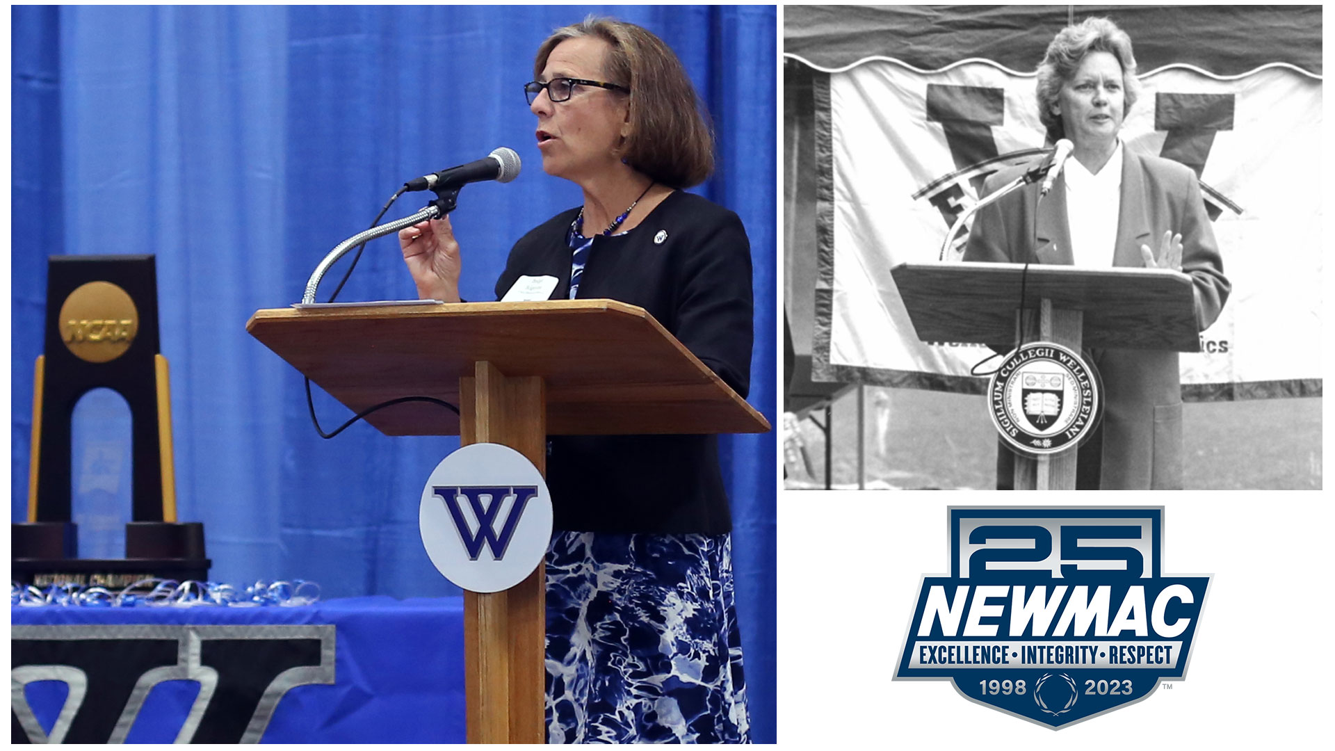 Former Wellesley College Directors of Athletics, Louise O'Neal (right) and Bridget Belgiovine (left) have been recognized as NEWMAC Champions of Excellence Service Award recipients.