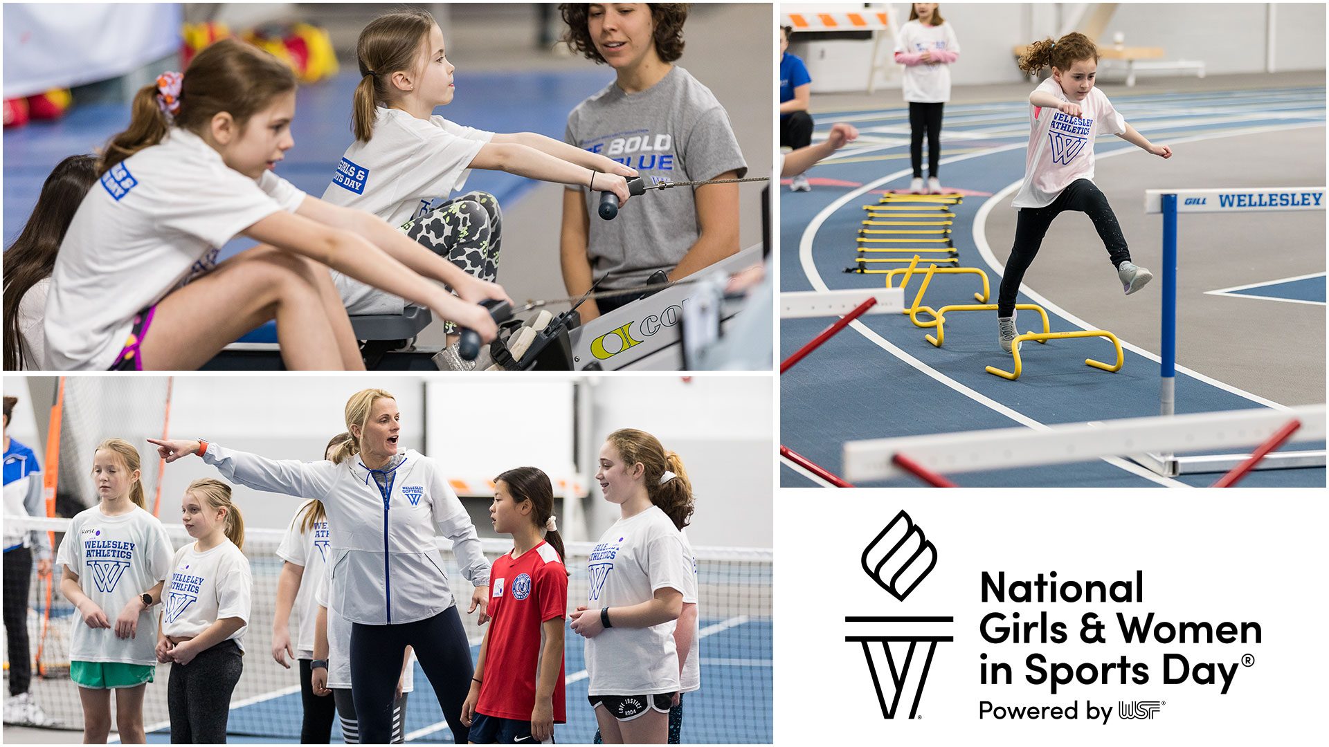 National Girls & Women in Sports Day, girls athletes running, rowing and participating in a sports clinic.