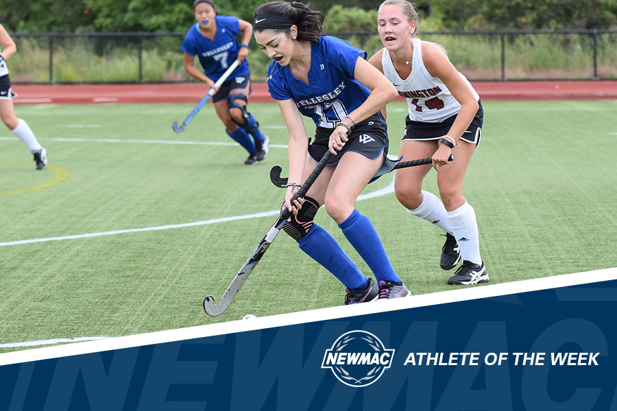 Junior Arielle Mitropoulos has been named NEWMAC Field Hockey Co-Offensive Athlete of the Week after scoring five goals this week for the Blue (Julia Monaco).
