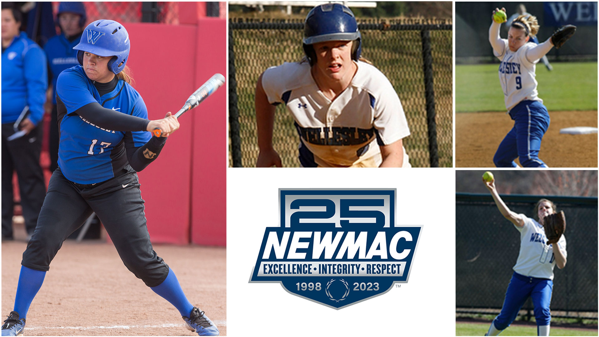 Four Wellesley softball student-athletes made the 25 Year All-NEWMAC Softball Team. Left to right: Carly Bresee '16, Lauren Goldfarb '13, Jenna Harvey '08 (top), Megan Wood '10 (bottom)