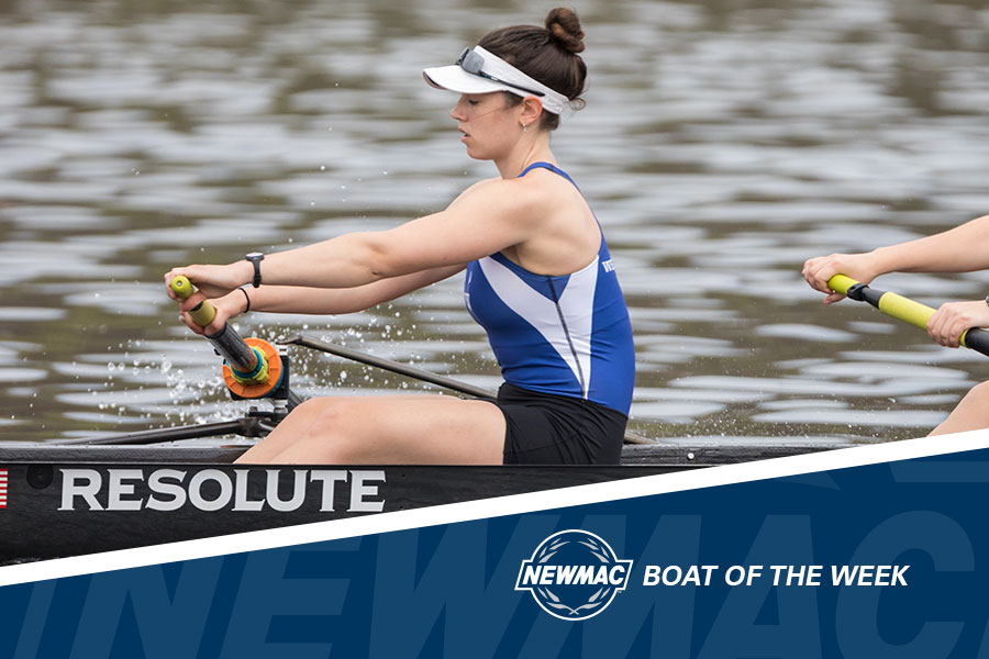 Emilia Ball and the Blue Varsity 8 earned NEWMAC Boat of the Week honors (Frank Poulin).