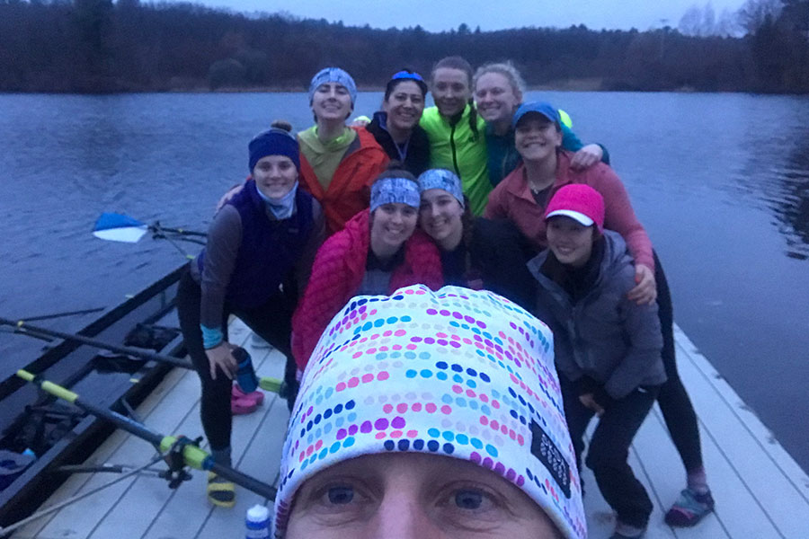 selfie, group photo of class of 2020 crew seniors on lake waban