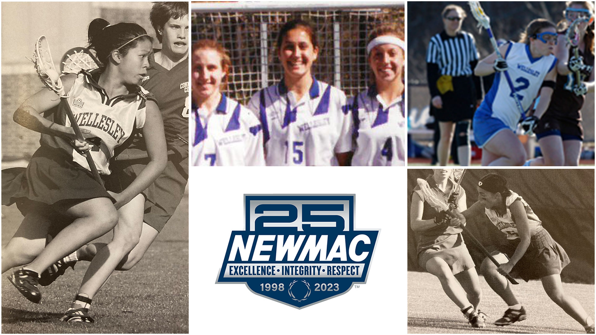 Wellesley lacrosse had four student-athletes make the 25 Year All-NEWMAC Women's Lacrosse Team. Left to right: Grace Tsan '03, Kate Armenta '01, Loretta White '10 (top), Claudia Veritas '02 (bottom)