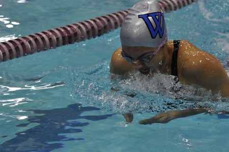 Sophomore Danielle Peterson (Livingston, N.J.) won three individual events in Wellesley's victory over Franklin Pierce (Tiana Aument).