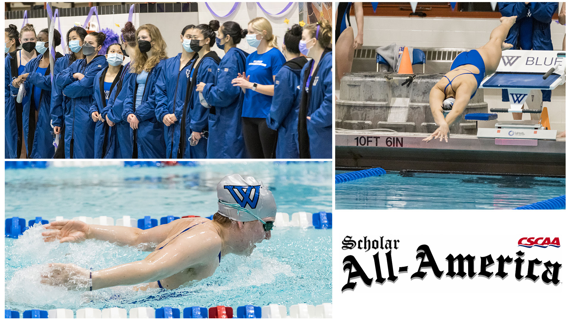 images of the Wellesley team swimming, next to the pool, includes cscaa scholar all-america logo 