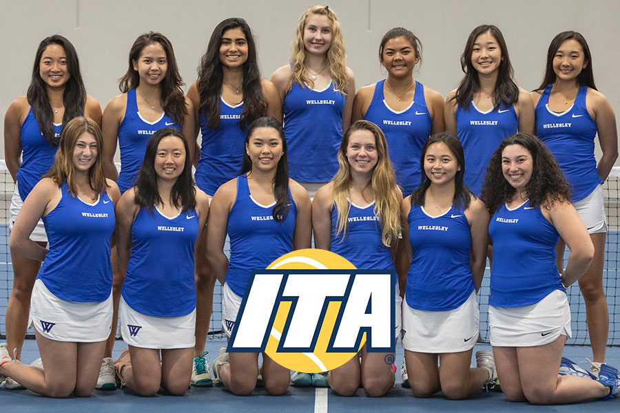 Wellesley College tennis team photo, team players standing and smiling.