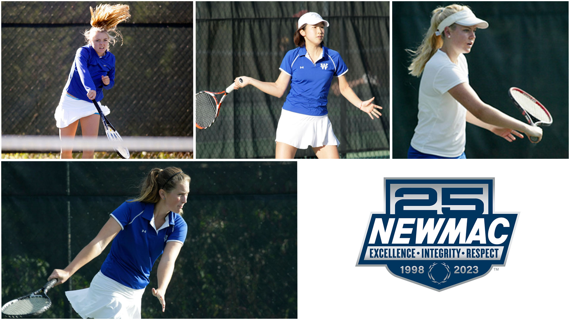 Four members Wellesley College tennis were named to Women's Tennis 25 Year All-NEWMAC Team Left to right: Hali Walther '08 (top), Meghan Stubblebine '10 (bottom), Marie Watanabe '12, Jenna Mezin '08