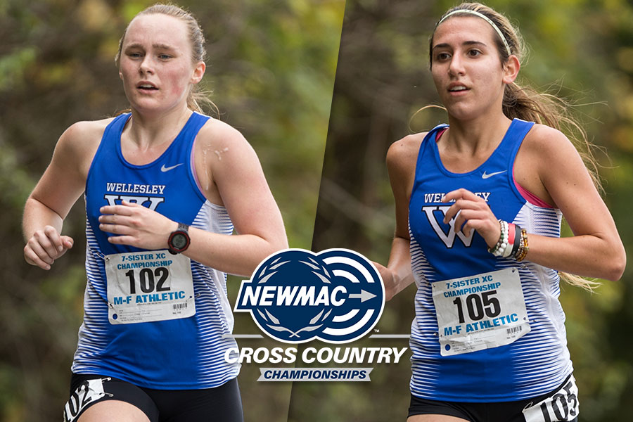 Isabella King and Taylor Mahlandt each earned NEWMAC All-Conference honors while leading Wellesley to a fourth place finish at the 2017 NEWMAC Cross Country Championships (Frank Poulin).