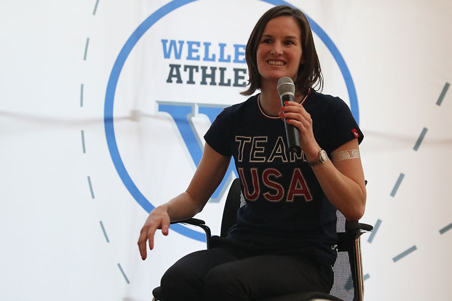 Egan returned to Wellesley to speak with students, faculty, and staff, following her first Olympic experience in 2018 (Miranda Yang).