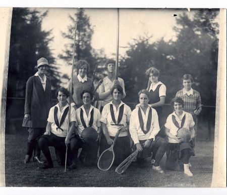 Heads of Sport, 1926-1927 (left to right): Standing: Louise Rothenberg '27, Riding; Esther Reed, Archery; Phyllis Holt, Crew; Mary Eliz. Morse, Baseball; Dorothy Bolte, Golf. Kneeling: Ruth Foljambe, Track; Jane Shurmer, Basketball; Elsie Jansen, Tennis; Anne Pugh, Lacrosse; Eleanor Beardslee, Volleyball (Wellesley College Archives Image Gallery)